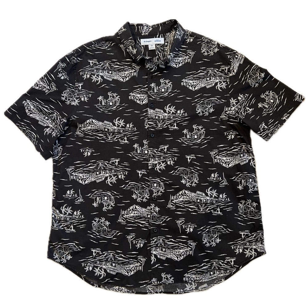Old Navy Hawaiian Shirt Island Print Built-In Flex Black White Slim Fit XXL